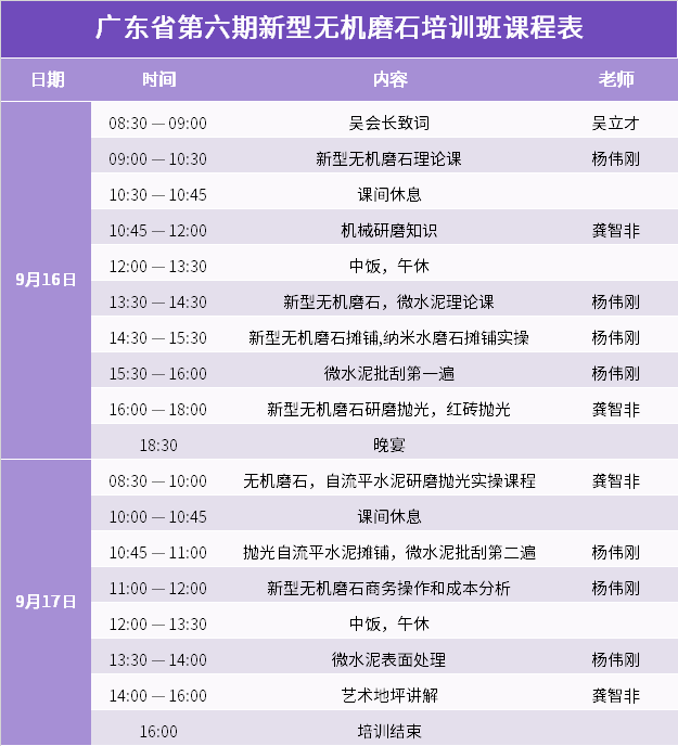 廣東省第六期新型無機磨石培訓班課程表 廣東省第六期新型無機磨石培訓班課程表